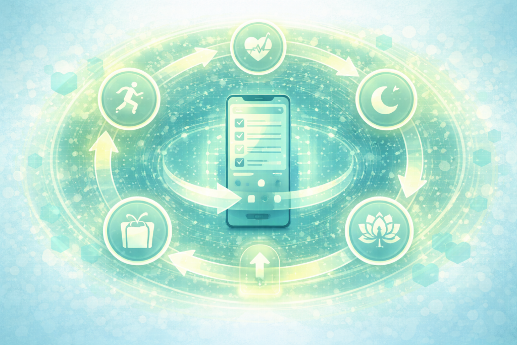 Adaptive life optimization system showing continuous feedback loop with personalized health recommendations and performance tracking