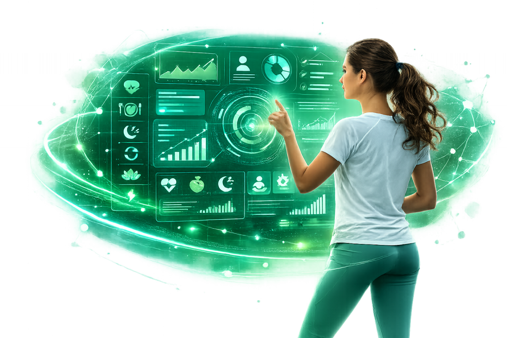 Woman interacting with a digital wellness dashboard illustrating a Life Optimization System interface focused on health, recovery, and performance.