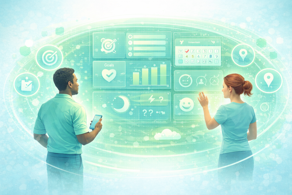 Adults interacting with a digital life optimization system dashboard visualizing personal goals, energy levels, sleep data and adaptive health tracking.